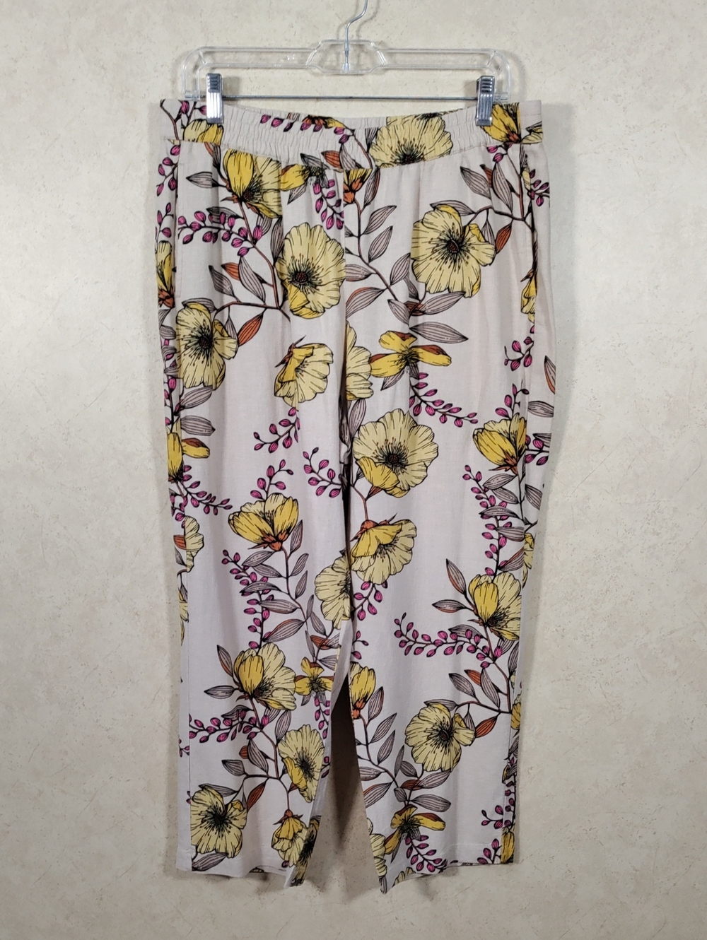 I131 Susan Graver Tan & Yellow Floral Linen Blend Pull On Pants M